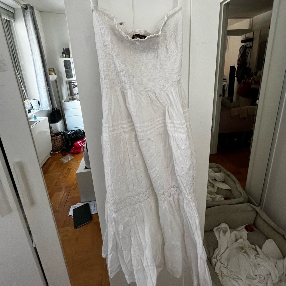 Strapless white eyelet dress